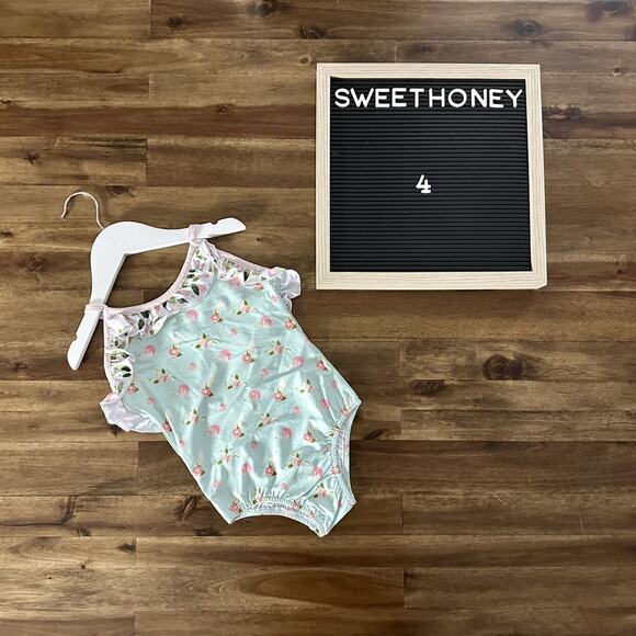 NWT SweetHoney Mary One Piece Swimsuit Santa Cruz Floral Green Pink Ruffle 4T - Picture 1 of 9